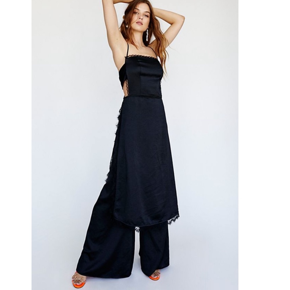 Free People Party Nadia Matching set Black Satin co-ord two piece wedding guest
